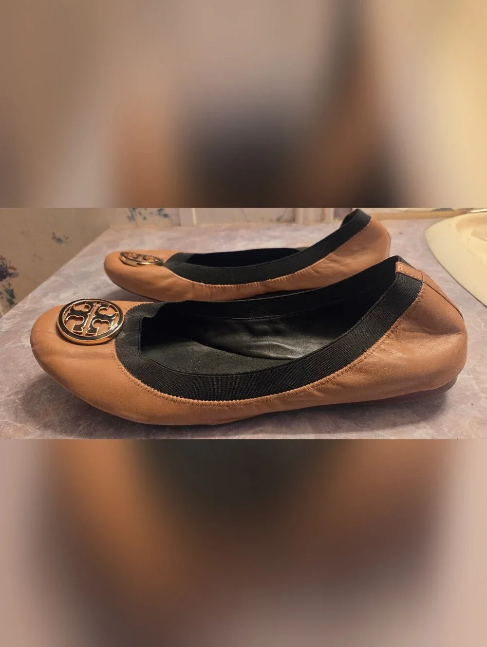 Tory Burch Tan Leather Logo Ballet Flats